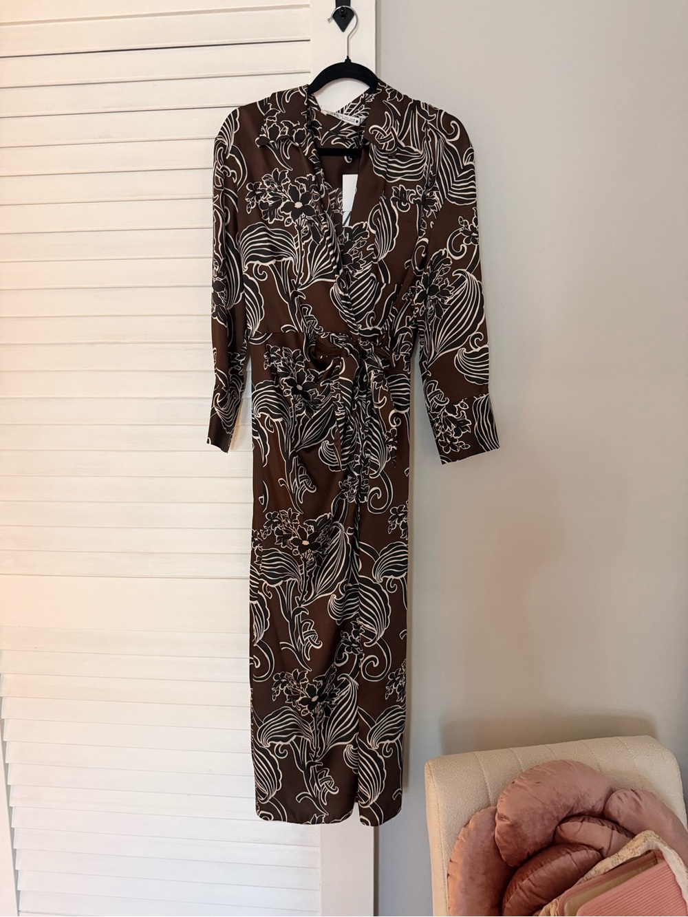 Zara Brown Midi Wrap Dress with White Floral Swirl Print